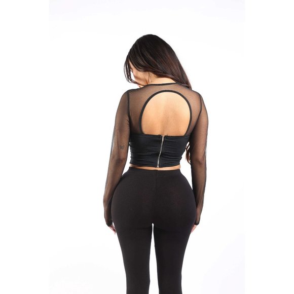 Women's Mesh Long Sleeve Blouse Top Scoop Neck Cropped Style Open Back Comfy - Picture 2 of 9